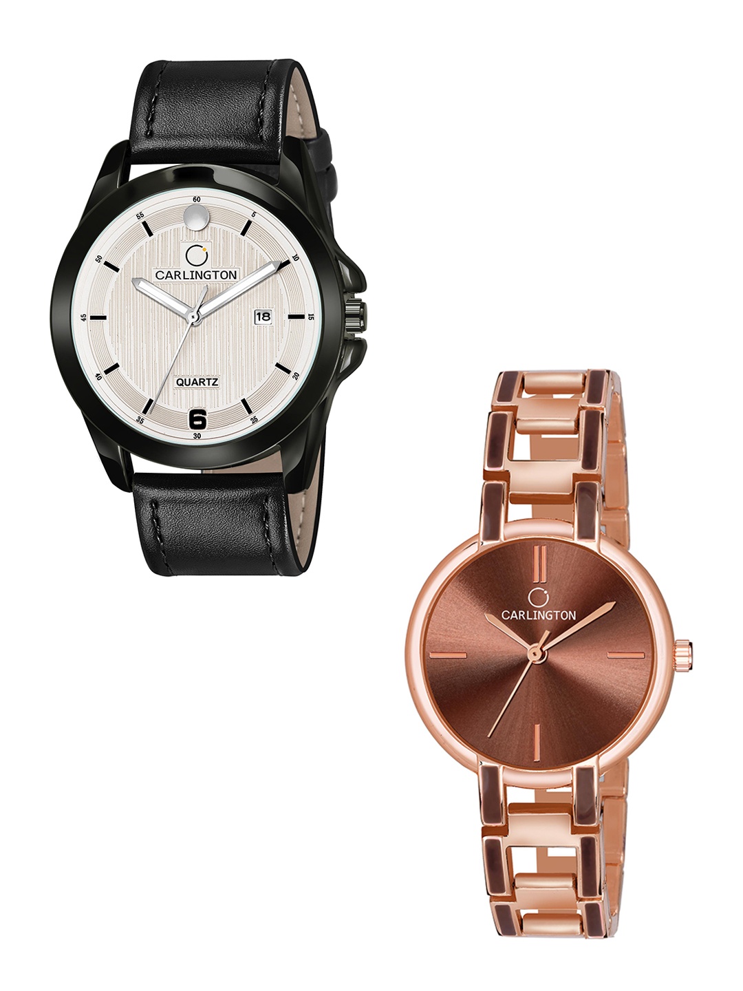 

CARLINGTON White Dial & Black Leather Straps Analogue Couple Watches- CT1040
