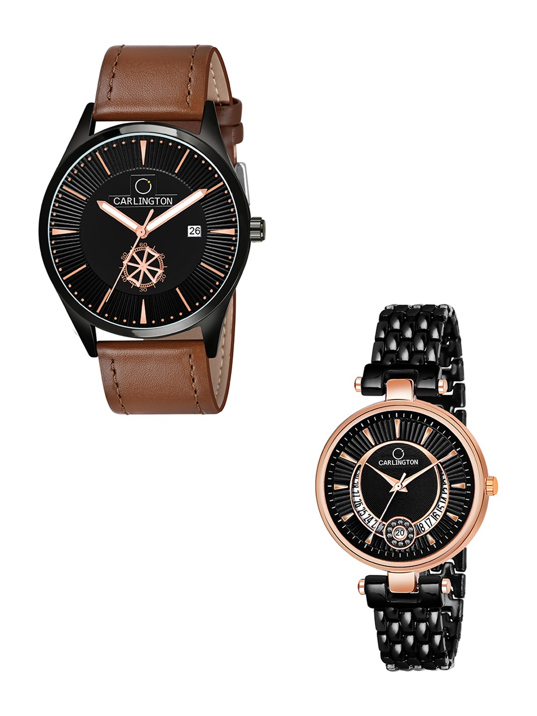 

CARLINGTON Black Dial & Brown Leather Straps Analogue Couple Watches - CT1020