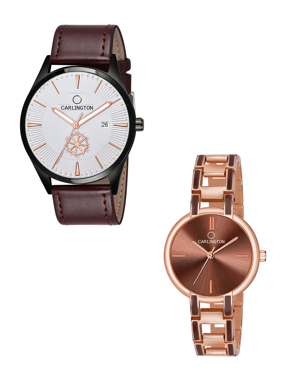 

CARLINGTON White Dial & Brown Leather Straps Analogue Couple Watches - CT1020
