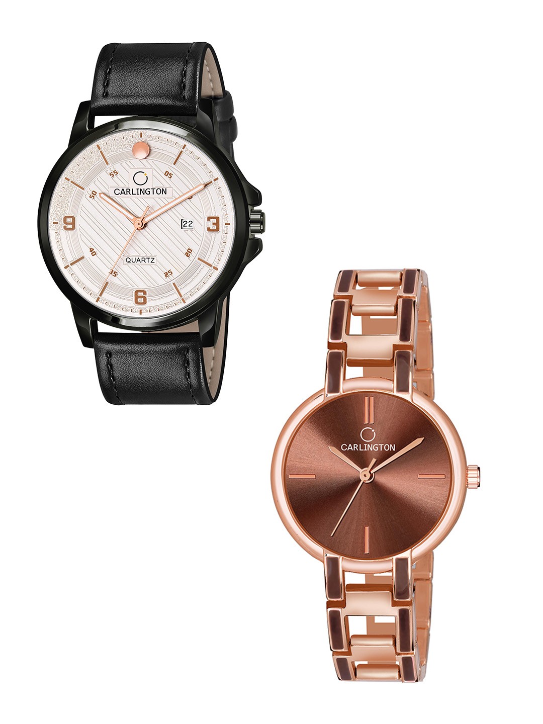 

CARLINGTON White Dial & Black Leather Straps Analogue Couple Watches - CT1050