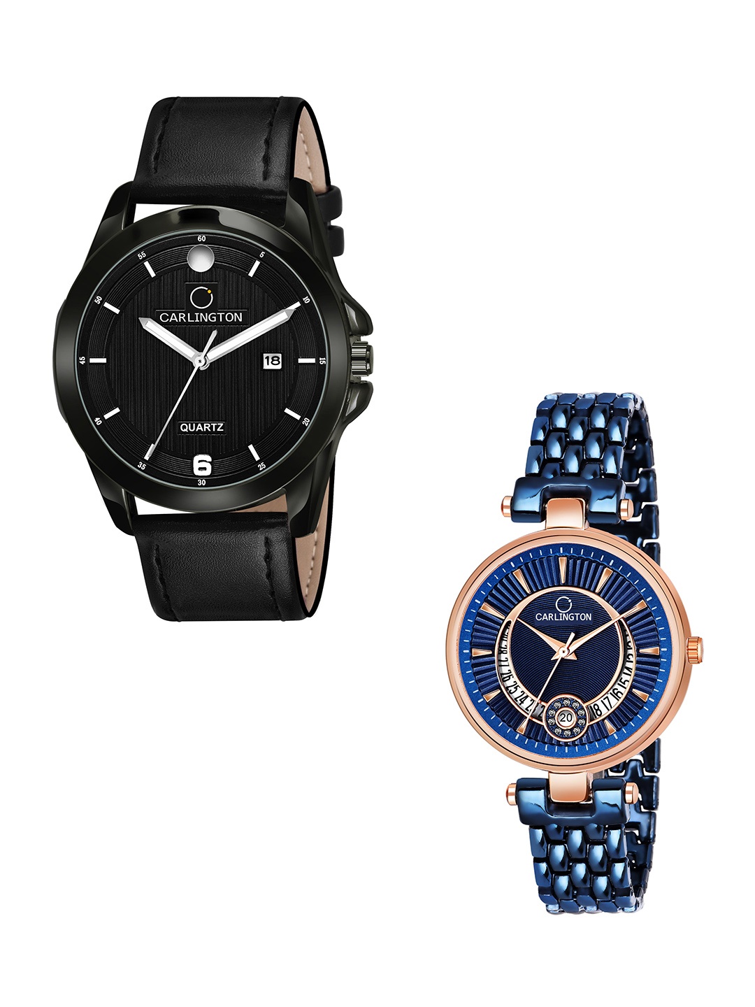 

CARLINGTON Black Dial & Black Leather Straps Analogue Couple Watches - CT1040