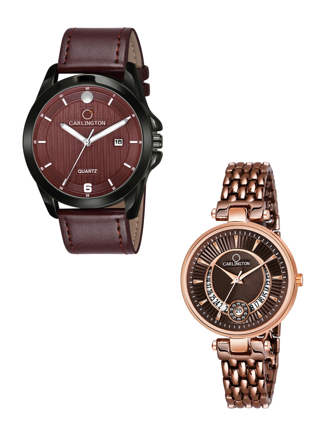 

CARLINGTON Brown Dial & Brown Leather Straps Analogue Couple Watches - CT1040