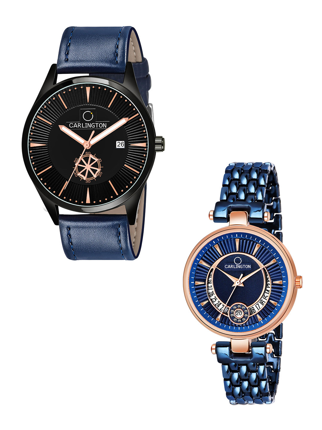 

CARLINGTON Black Dial & Blue Leather Straps Analogue Couple Watches - CT1020