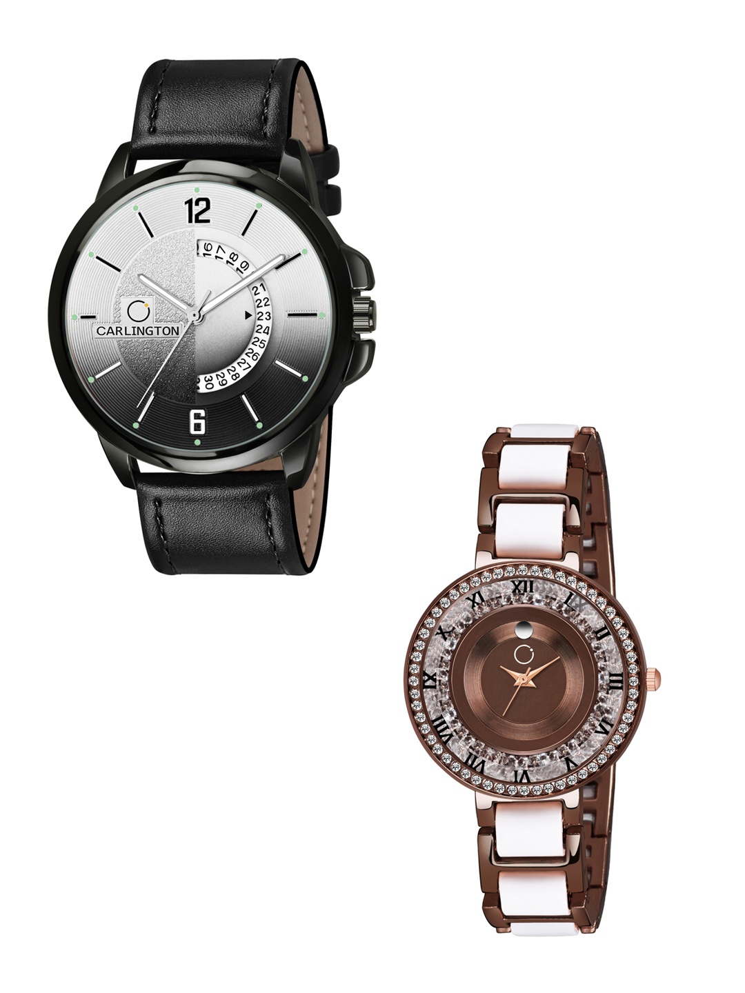

CARLINGTON Black Dial & Black Leather Straps Analogue Couple Watches - CT1030