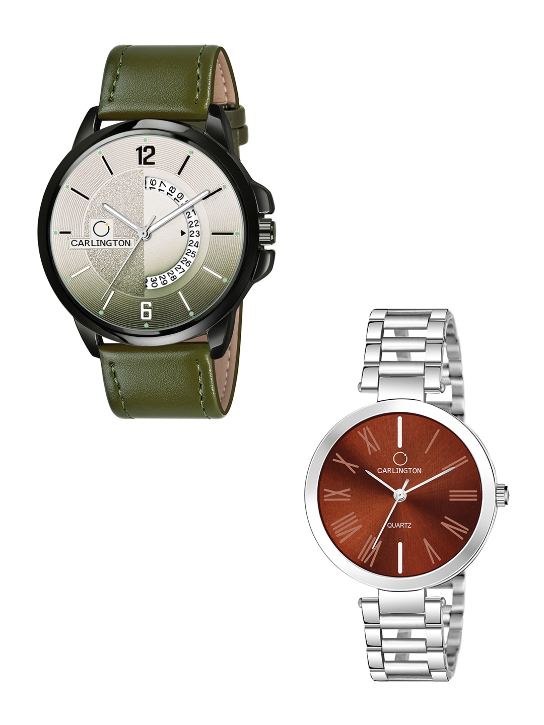 

CARLINGTON Green Dial & Green Leather Straps Analogue Couple Watches - CT1030