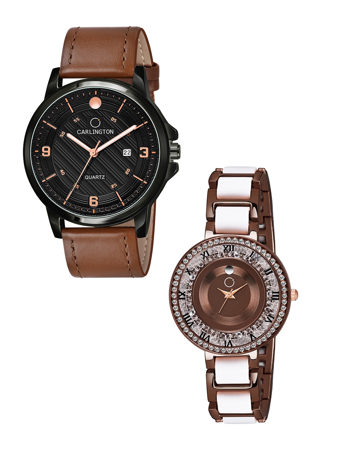 

CARLINGTON Black Dial & Brown Leather Straps Analogue Couple Watches - CT1050