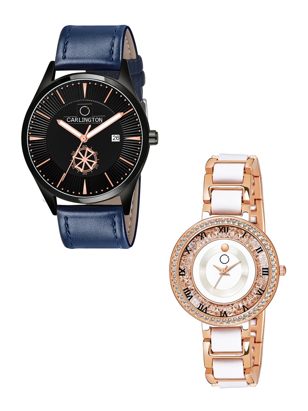 

CARLINGTON Black Dial & Blue Leather Straps Analogue Couple Watches - CT1020