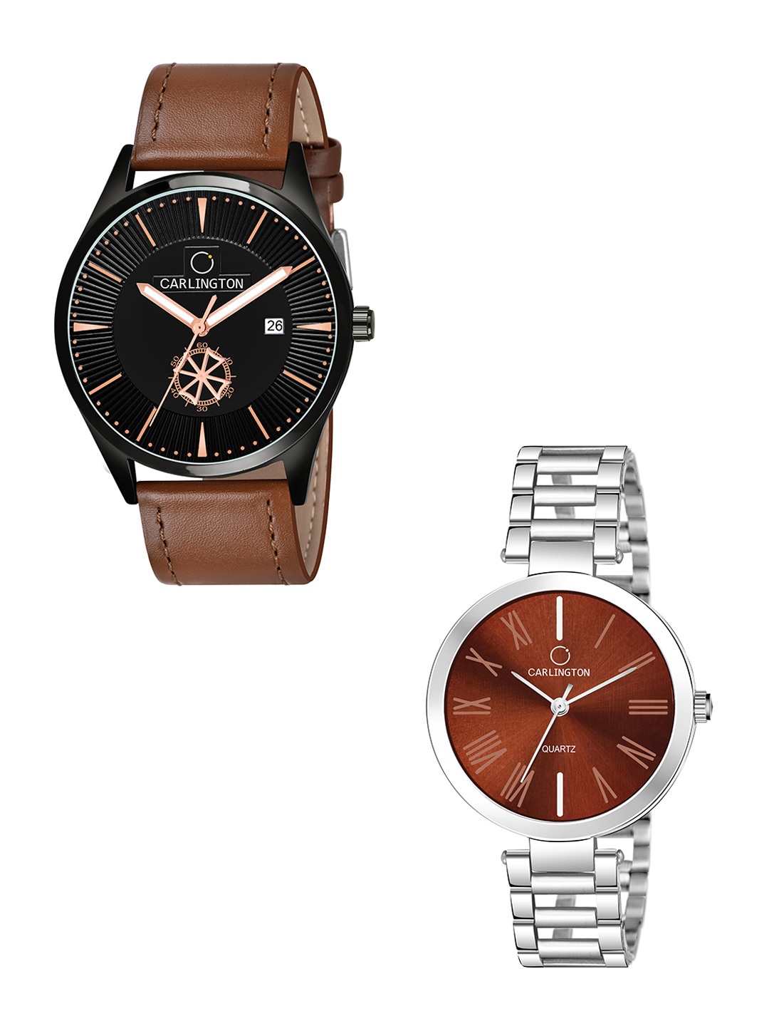 

CARLINGTON Black Dial & Brown Leather Straps Analogue Couple Watches - CT1020