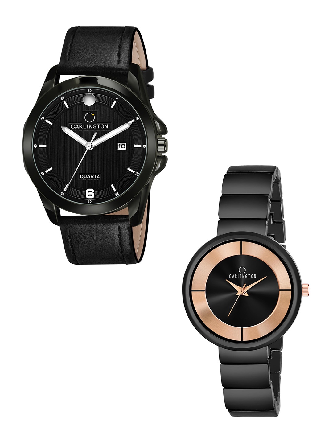 

CARLINGTON Black Dial & Black Leather Straps Analogue Couple Watches - CT1040