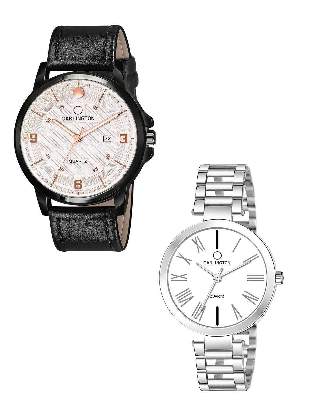 

CARLINGTON White Dial & Black Leather Straps Analogue Couple Watches - CT1050