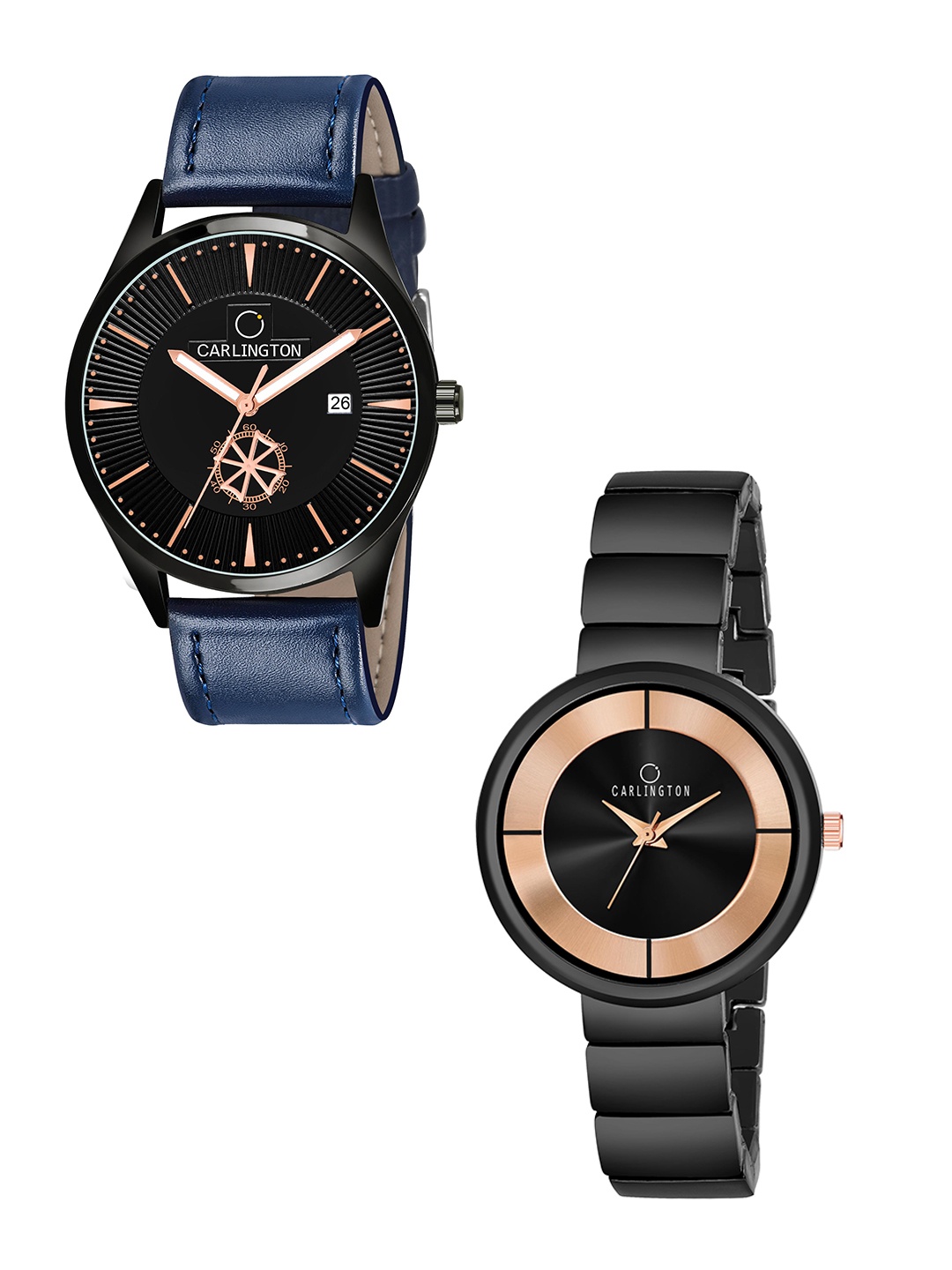 

CARLINGTON Black Dial & Blue Leather Straps Analogue Couple Watches - CT1020