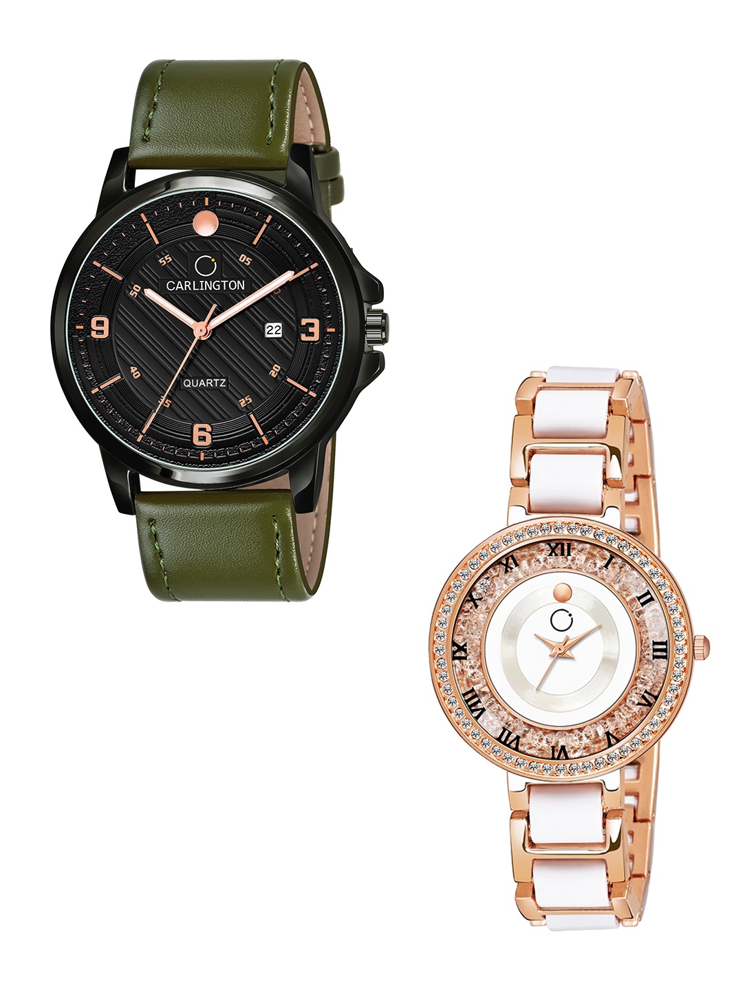 

CARLINGTON Black Dial & Green Leather Straps Analogue Couple Watches - CT1050