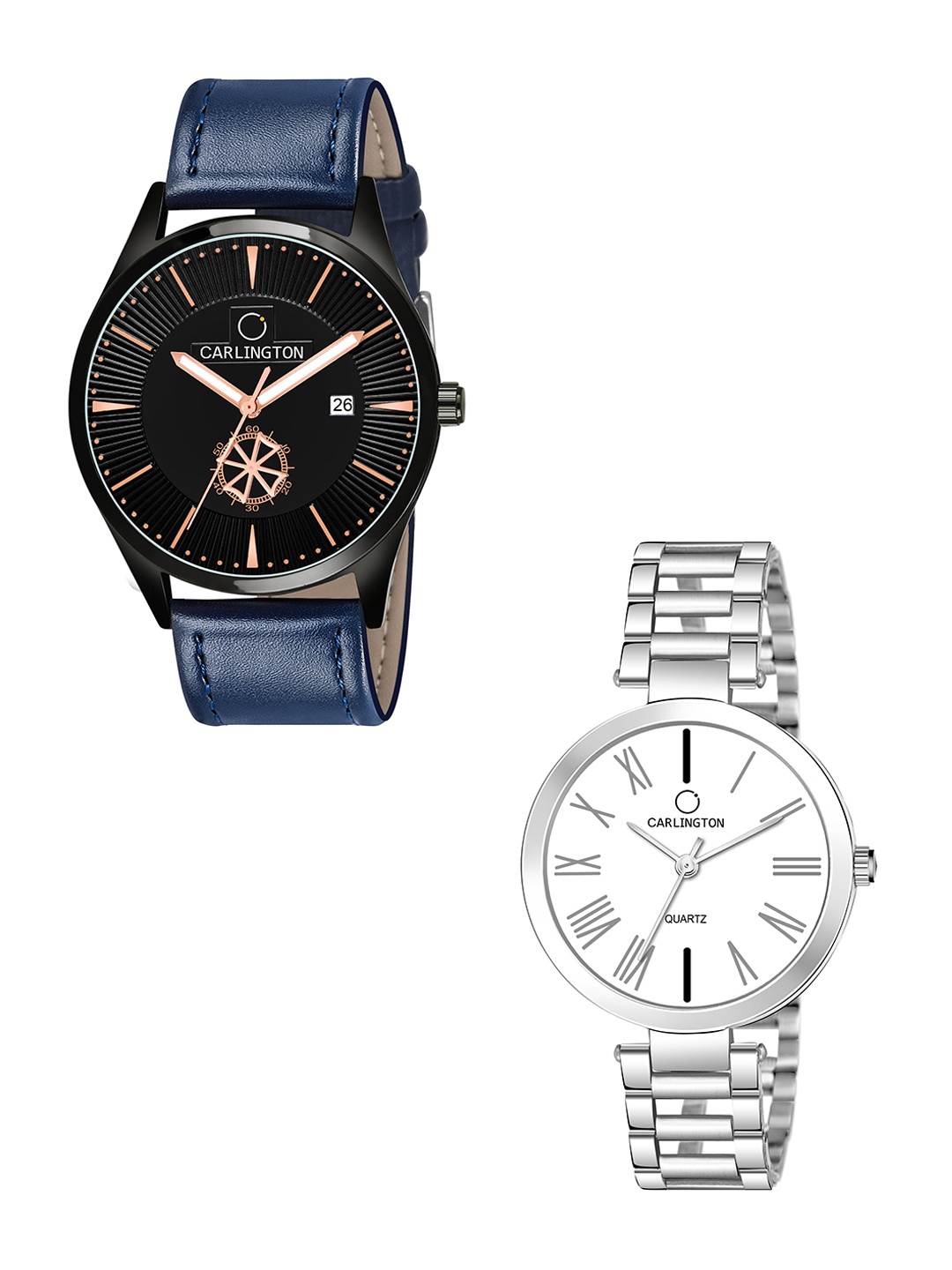 

CARLINGTON Black Dial & Blue Leather Straps Analogue Couple Watches - CT1020