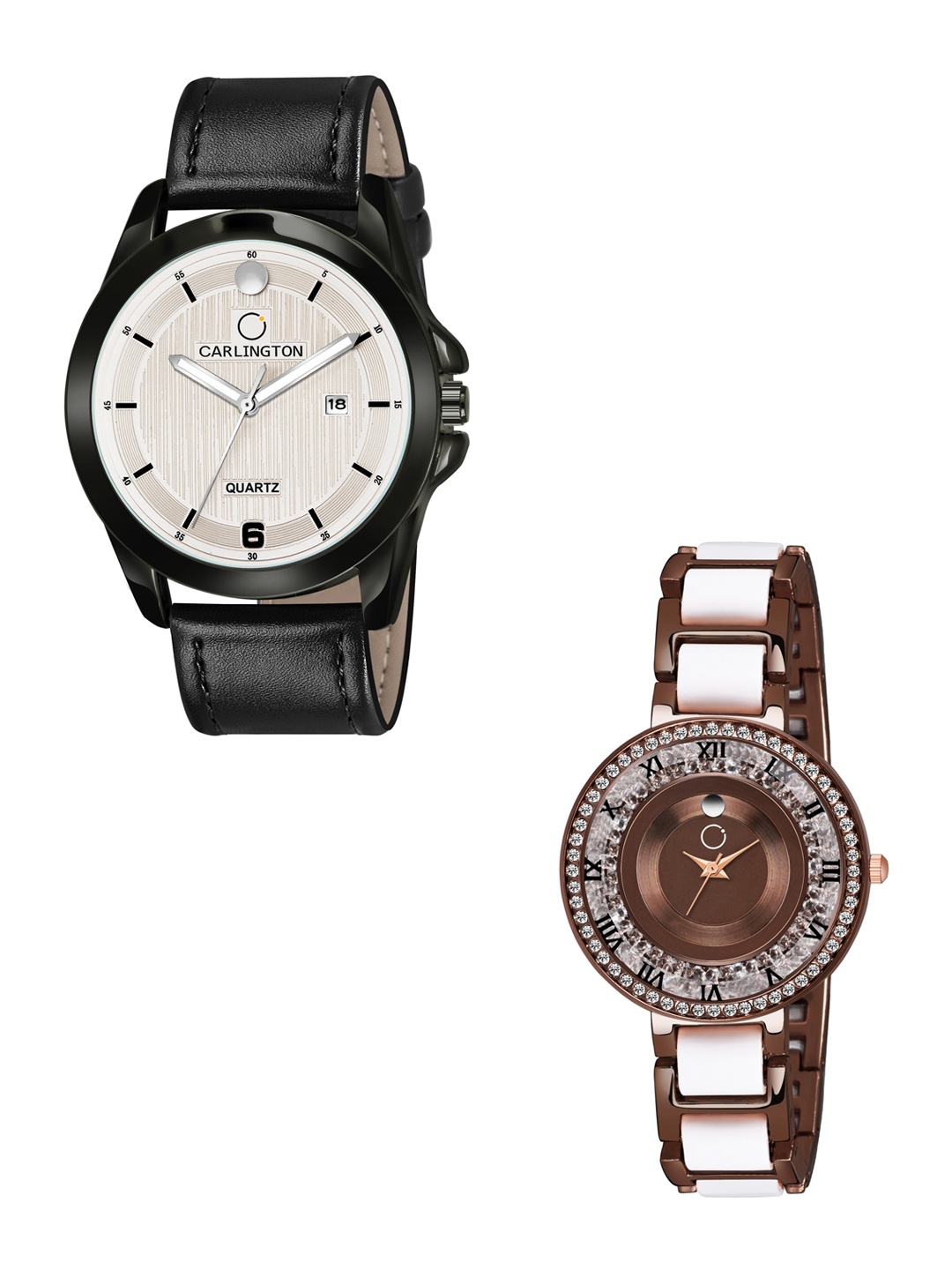 

CARLINGTON White Dial & Black Leather Straps Analogue Couple Watches - CT1040