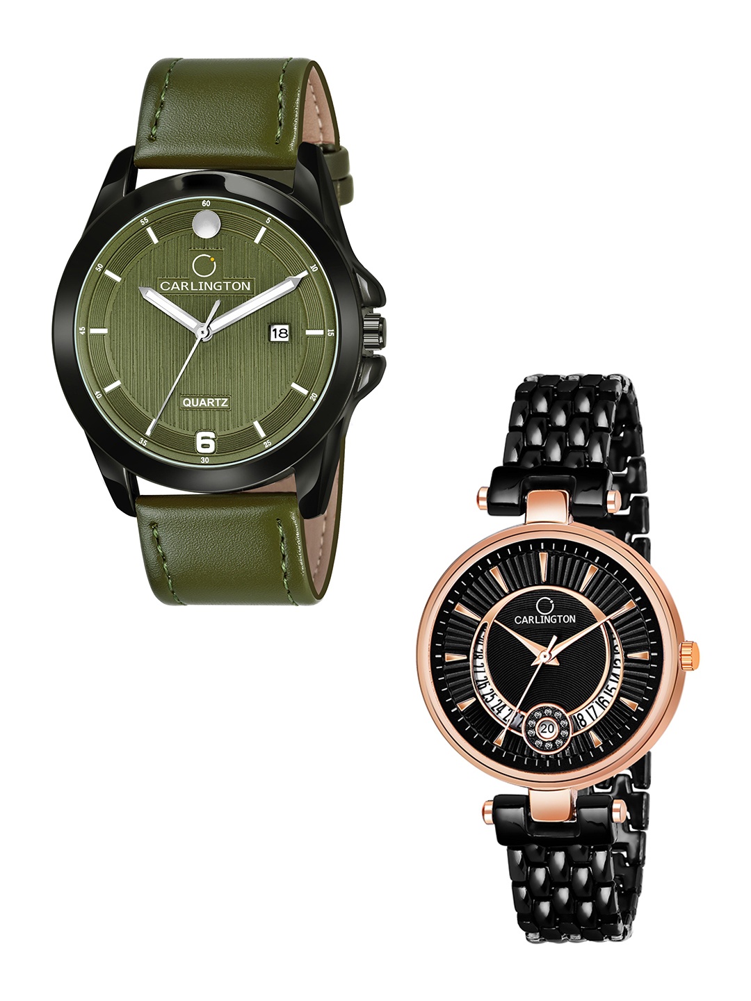 

CARLINGTON Green Dial & Green Leather Straps Analogue Couple Watches - CT1040