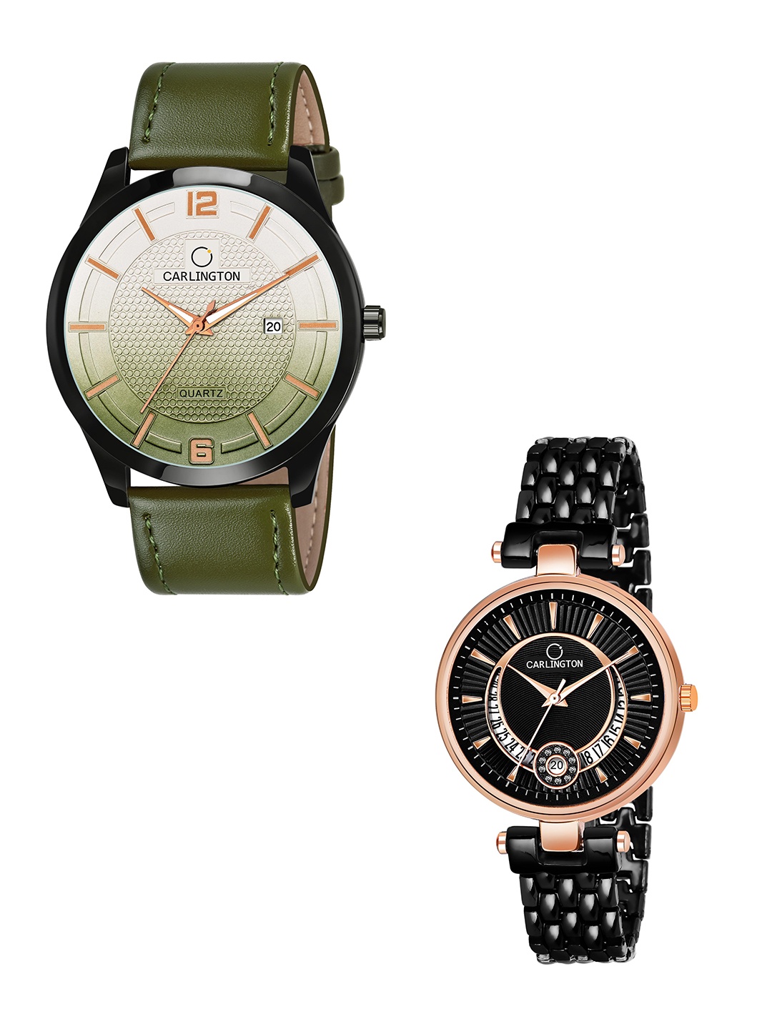 

CARLINGTON Green Dial & Green Leather Straps Analogue Couple Watches - CT1010