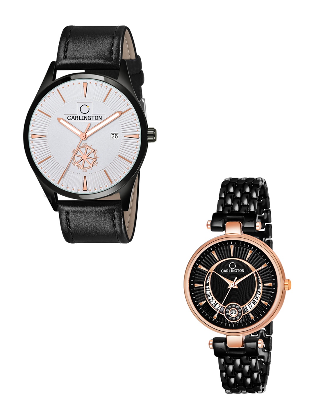

CARLINGTON White Dial & Black Leather Straps Analogue Couple Watches - CT1020