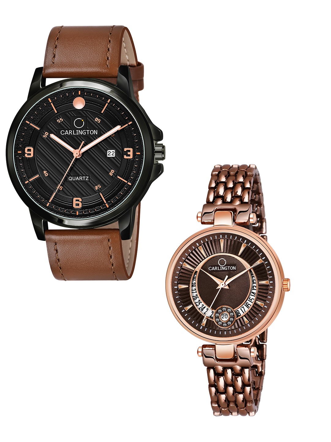 

CARLINGTON Black Dial & Brown Leather Straps Analogue Couple Watches - CT1050