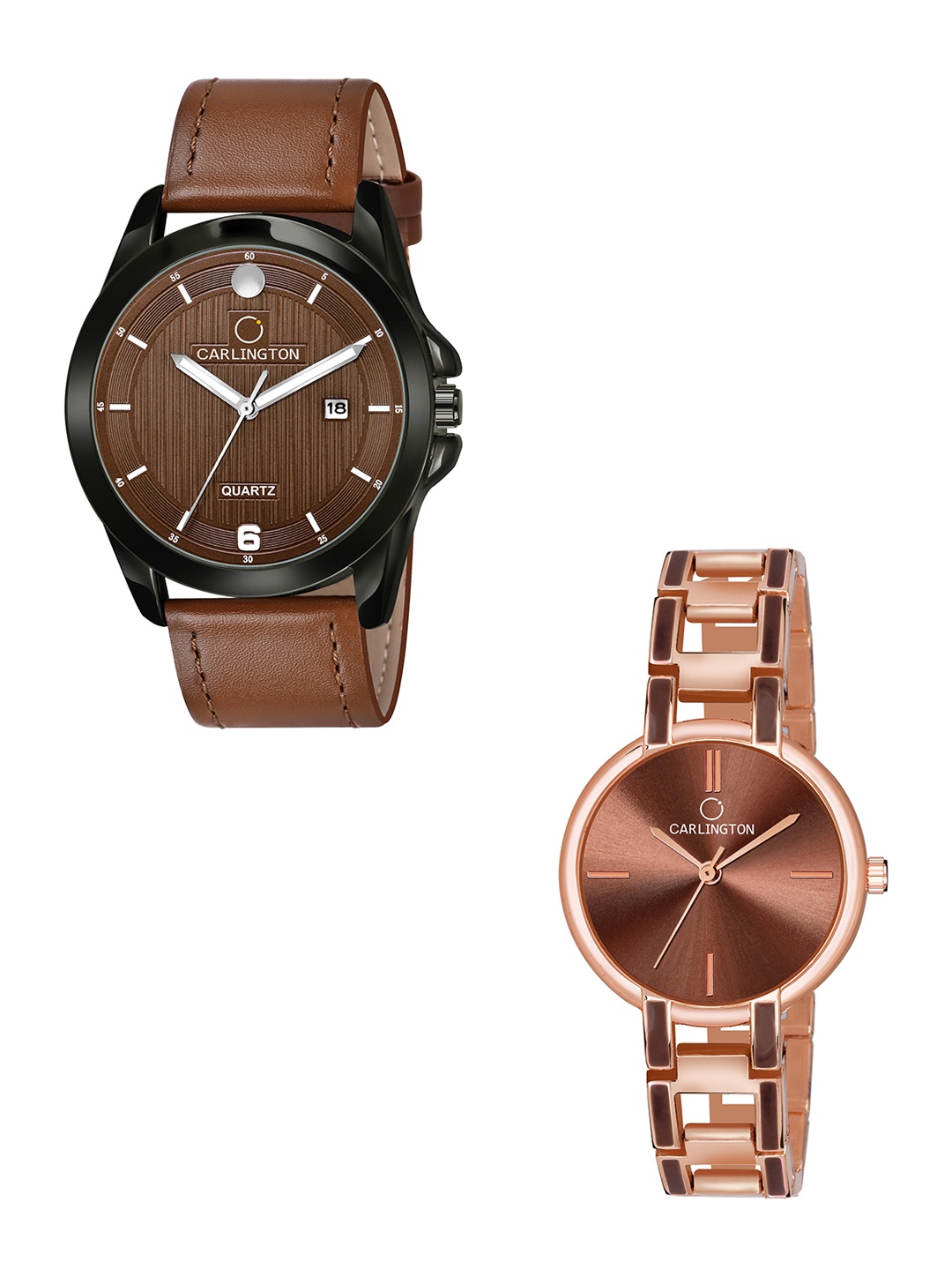 

CARLINGTON Brown Dial & Brown Leather Straps Analogue Couple Watches - CT1040