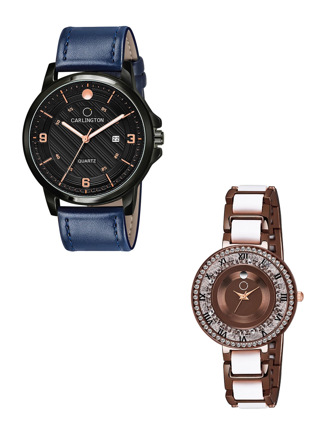 

CARLINGTON Black Dial & Blue Leather Straps Analogue Couple Watches - CT1050