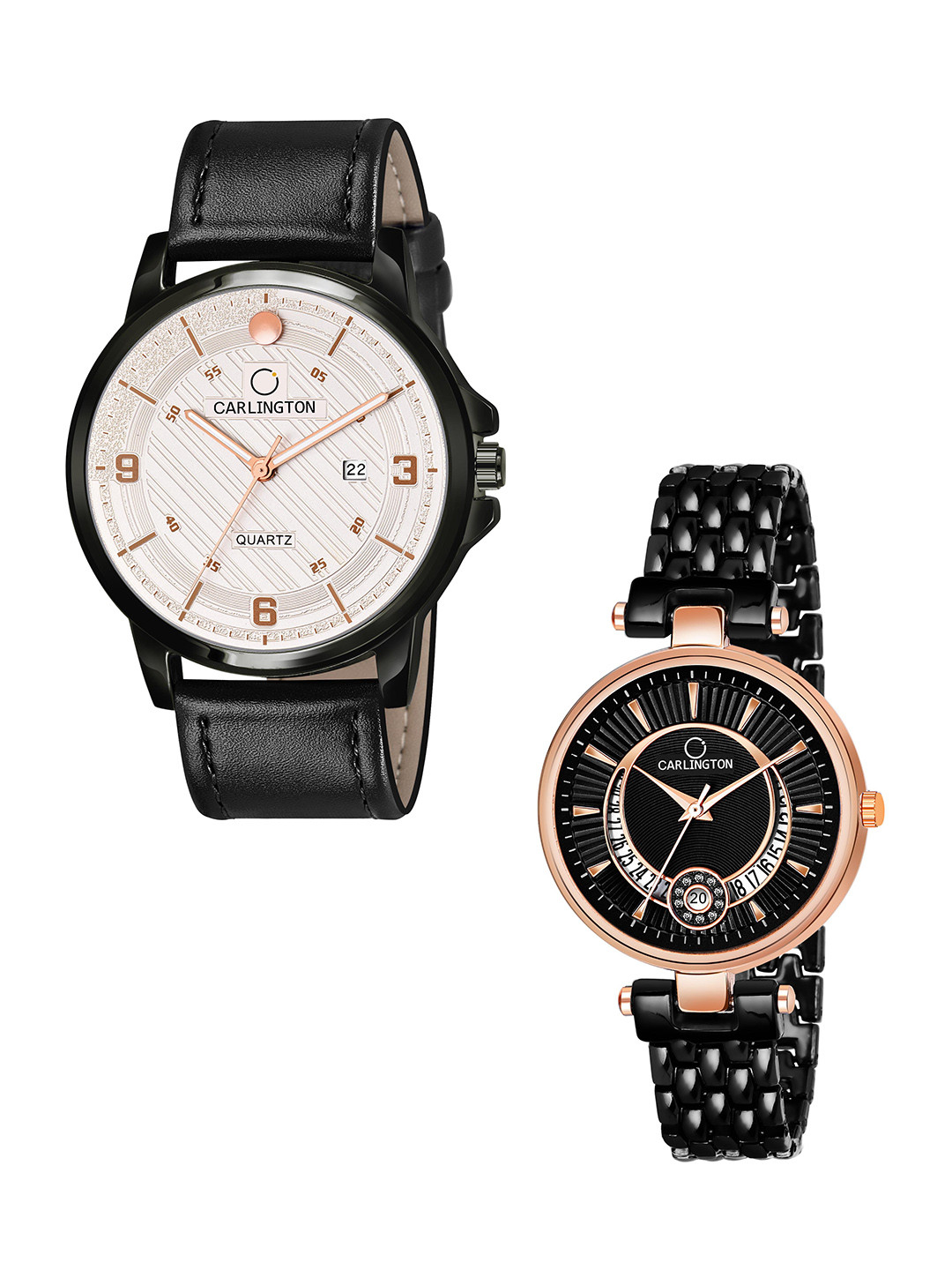 

CARLINGTON White Dial & Black Leather Straps Analogue Couple Watches - CT1050