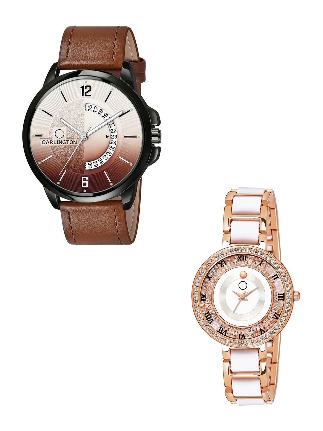 

CARLINGTON Brown Dial & Brown Leather Straps Analogue Couple Watches - CT1030
