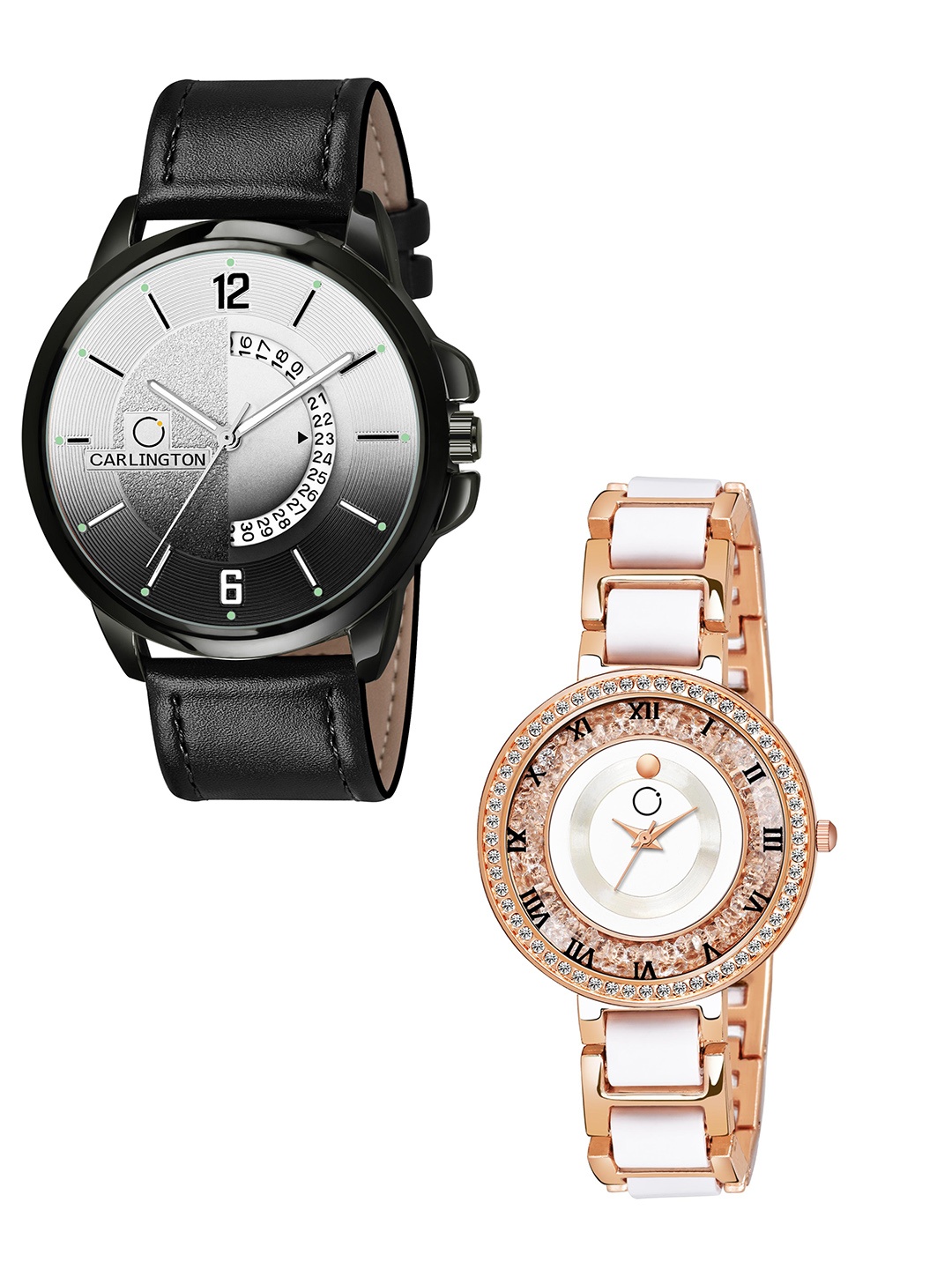 

CARLINGTON Black Dial & Black Leather Straps Analogue Couple Watches - CT1030