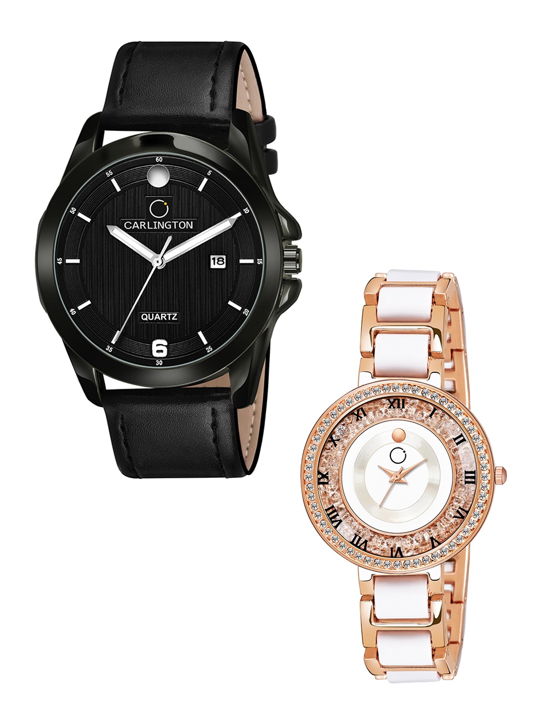 

CARLINGTON Black Dial & Black Leather Straps Analogue Couple Watches - CT1040