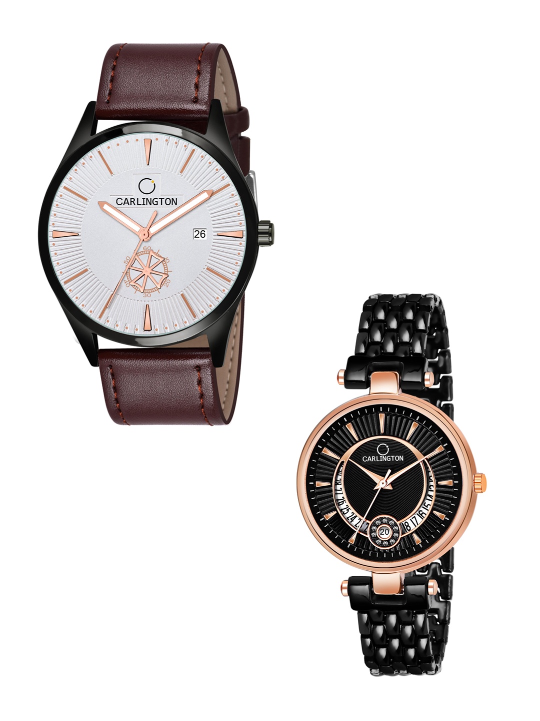 

CARLINGTON White Dial & Brown Leather Straps Analogue Couple Watches - CT1020