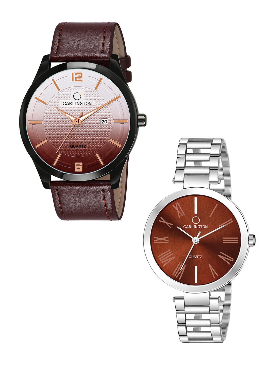 

CARLINGTON Brown Dial & Brown Leather Straps Analogue Couple Watches - CT1010