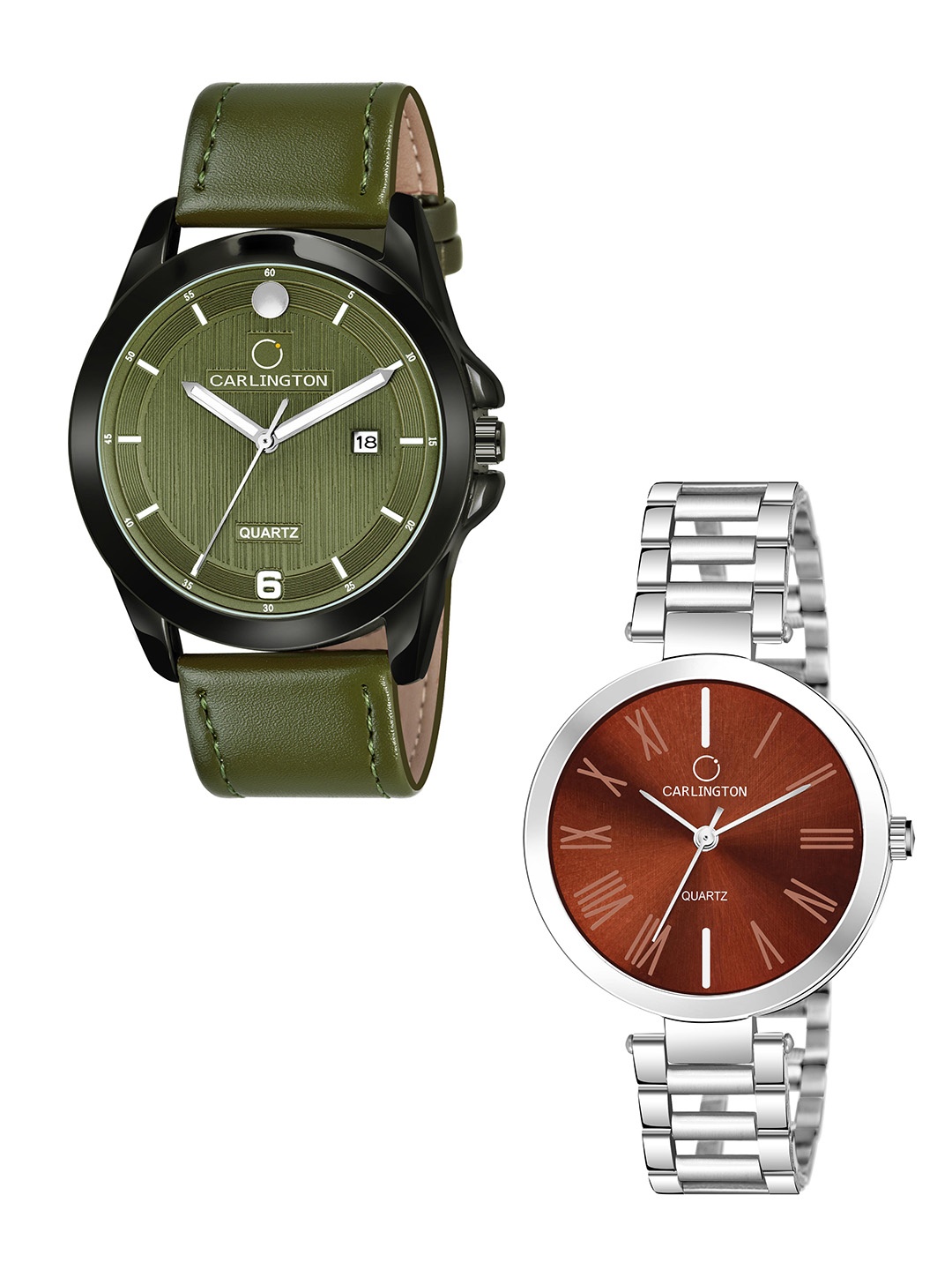 

CARLINGTON Green Dial & Green Leather Straps Analogue Couple Watches - CT1040