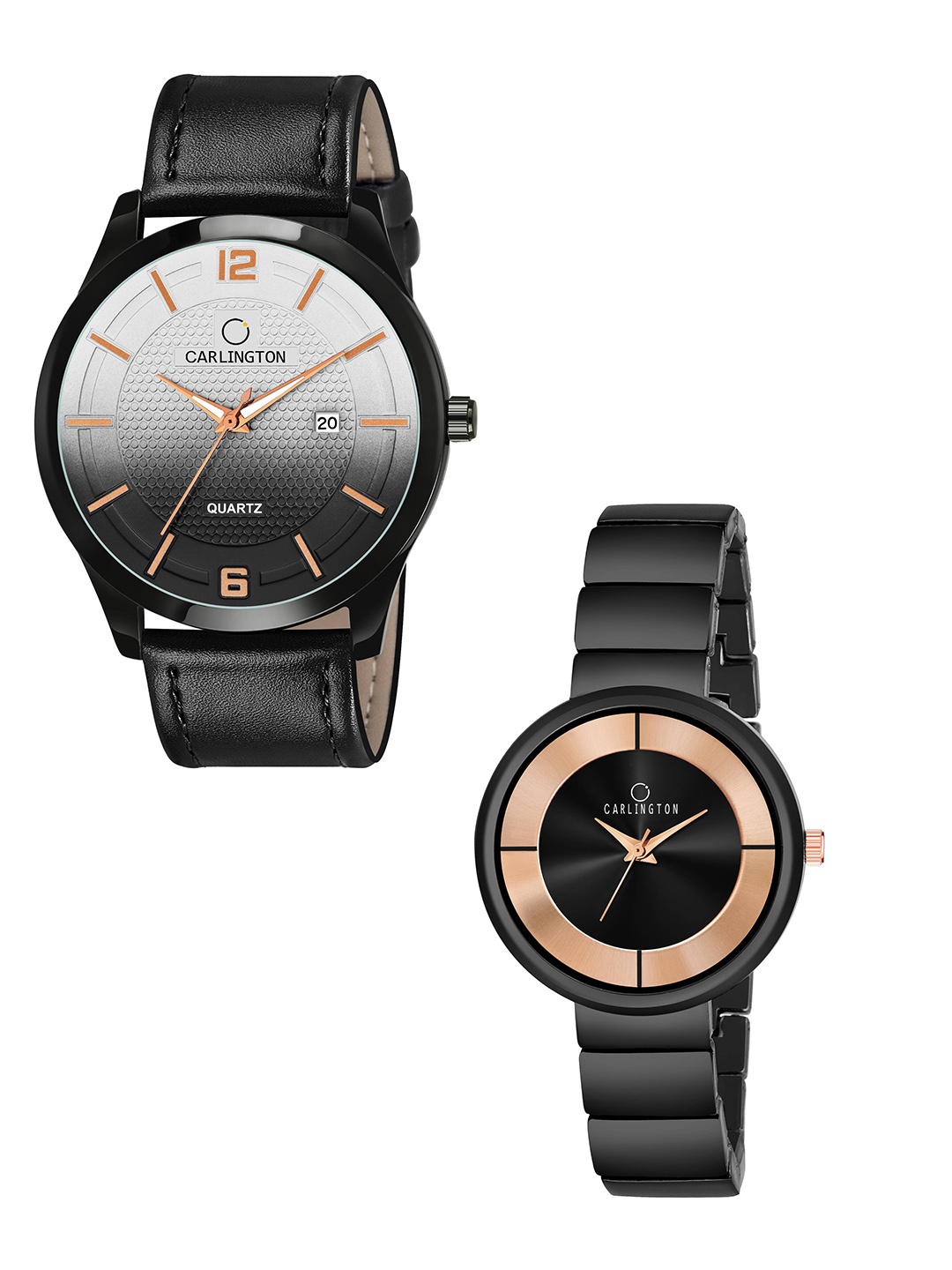 

CARLINGTON Black Dial & Black Leather Straps Analogue Couple Watches - CT1010