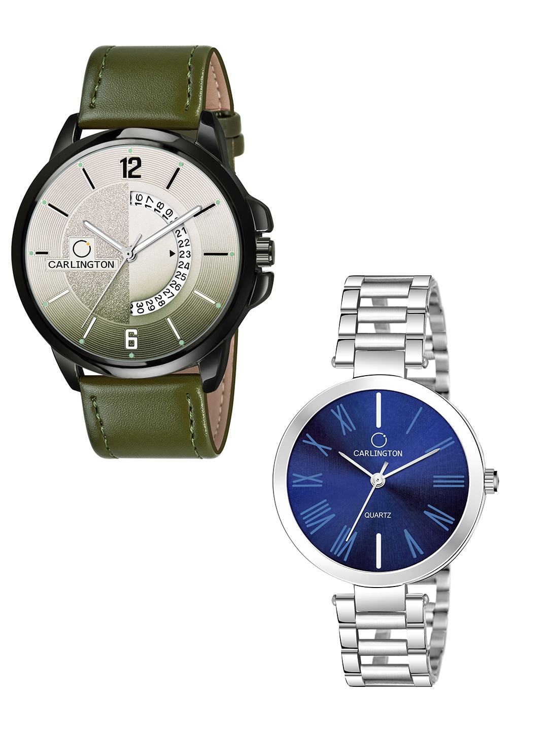 

CARLINGTON Green Dial & Green Leather Straps Analogue Couple Watches - CT1030