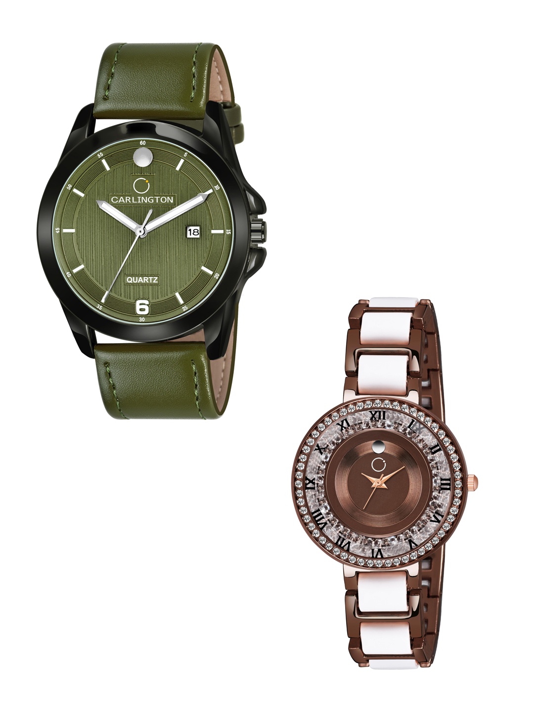 

CARLINGTON Green Dial & Green Leather Straps Analogue Couple Watches - CT1040