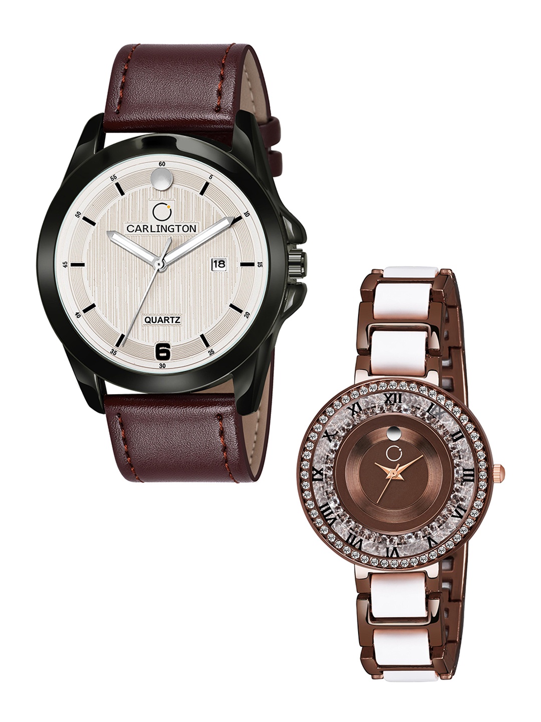 

CARLINGTON White Dial & Brown Leather Straps Analogue Couple Watches - CT1040