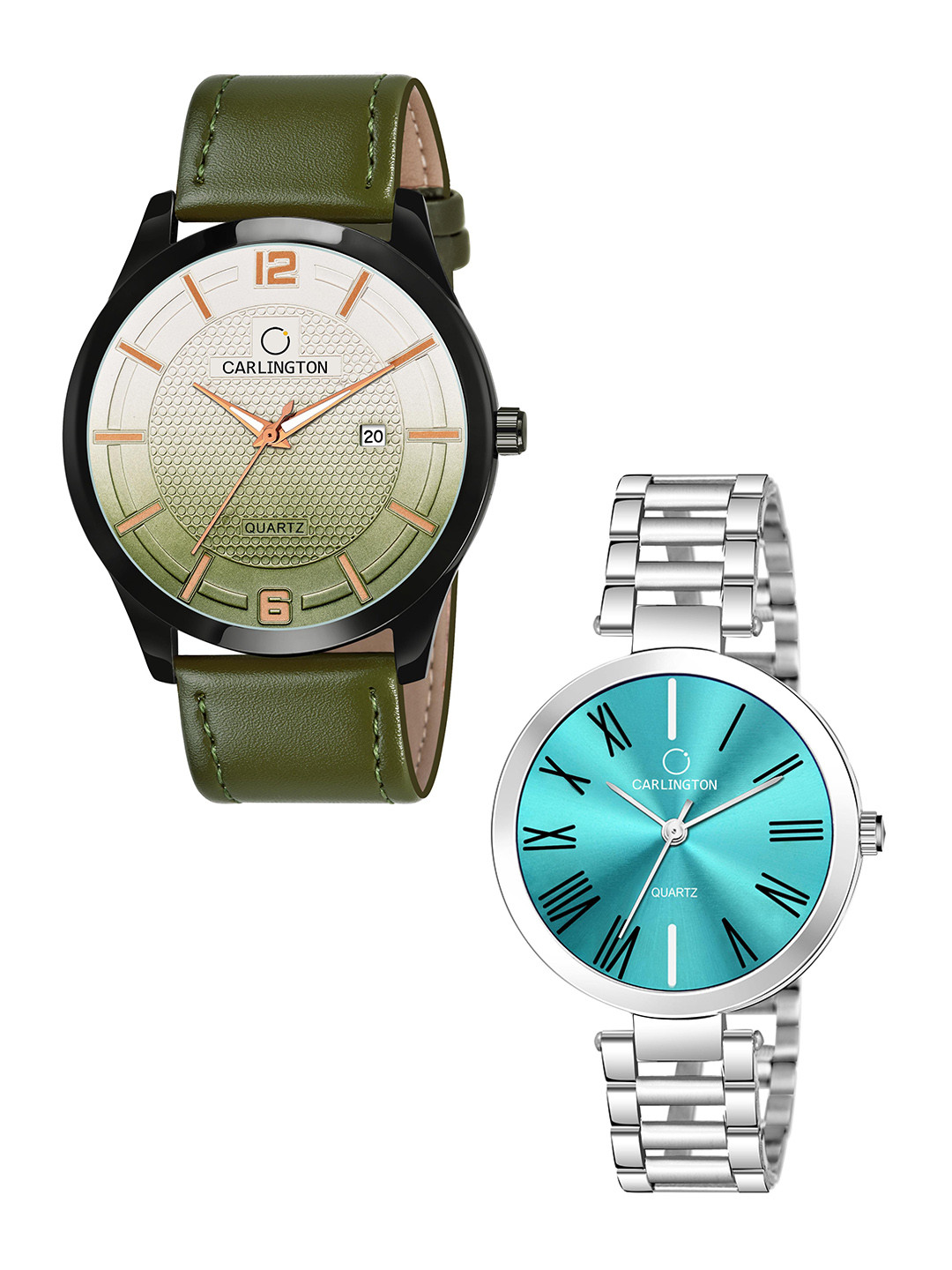 

CARLINGTON Green Dial & Green Leather Straps Analogue Couple Watches - CT1010