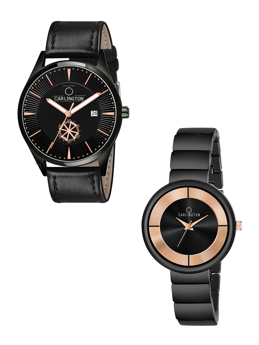 

CARLINGTON Black Dial & Black Leather Straps Analogue Couple Watches - CT1020
