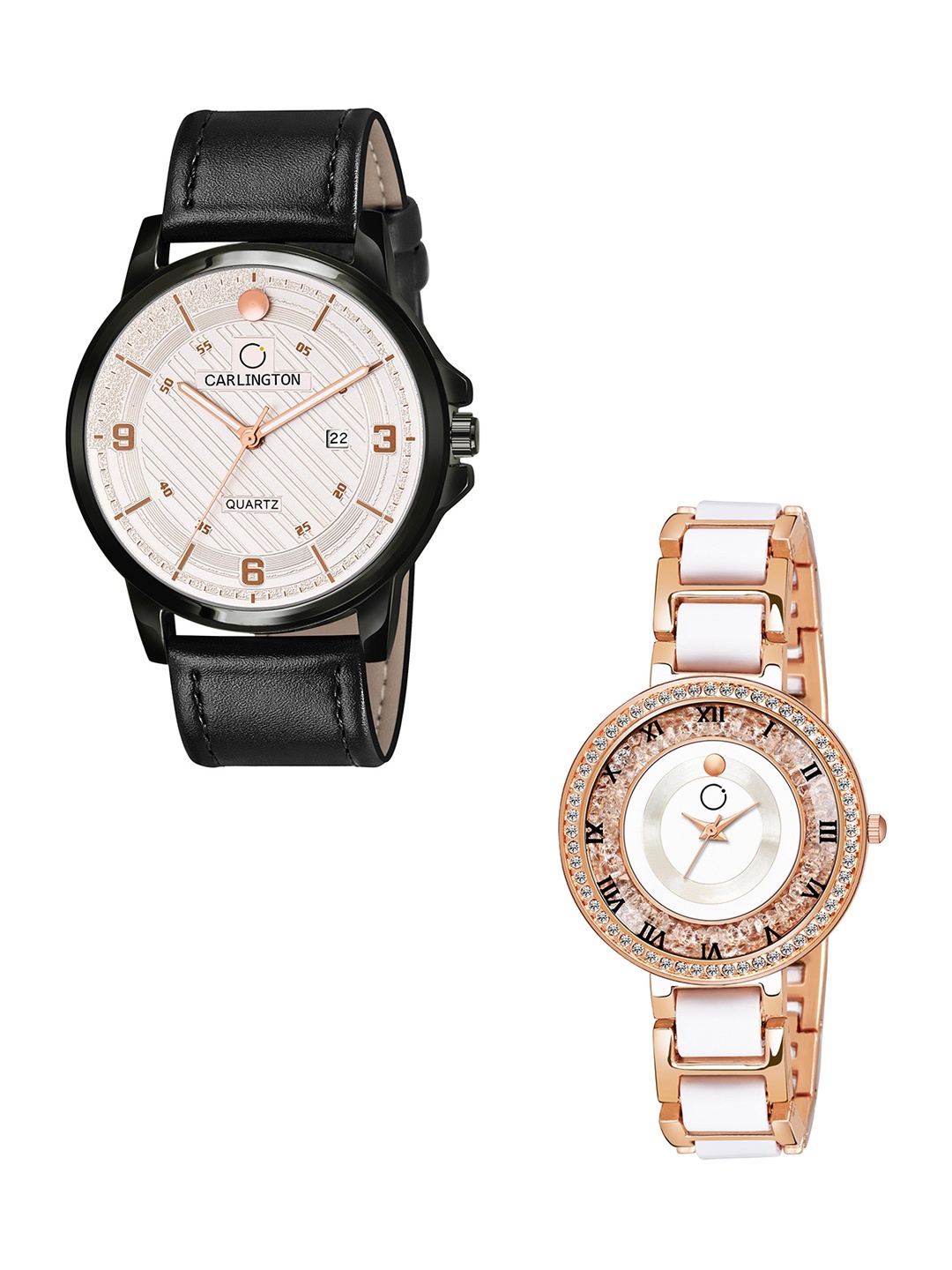 

CARLINGTON White Dial & Brown Leather Straps Analogue Couple Watches - CT1050