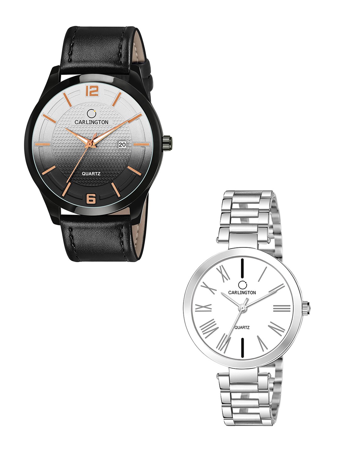 

CARLINGTON Black Dial & Black Leather Straps Analogue Couple Watches - CT1010