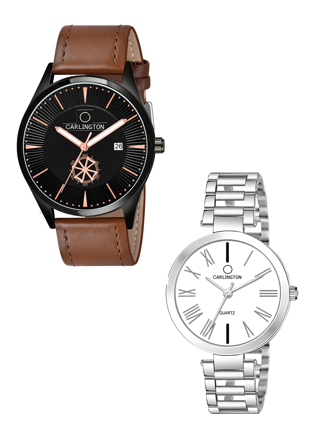 

CARLINGTON Black Dial & Brown Leather Straps Analogue Couple Watches - CT1020