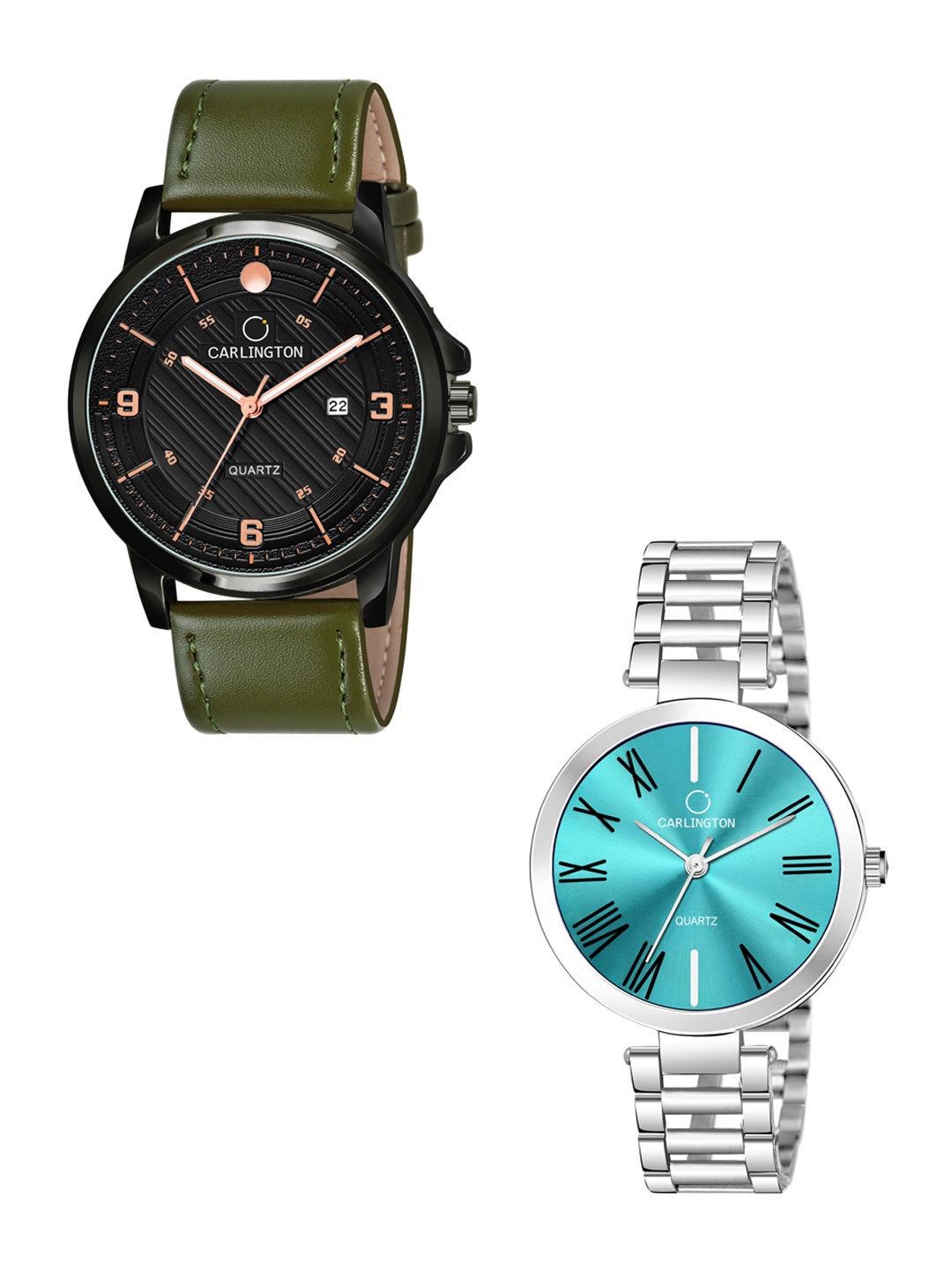 

CARLINGTON Blue Dial & Green Leather Straps Analogue Couple Watches - CT1050, Black
