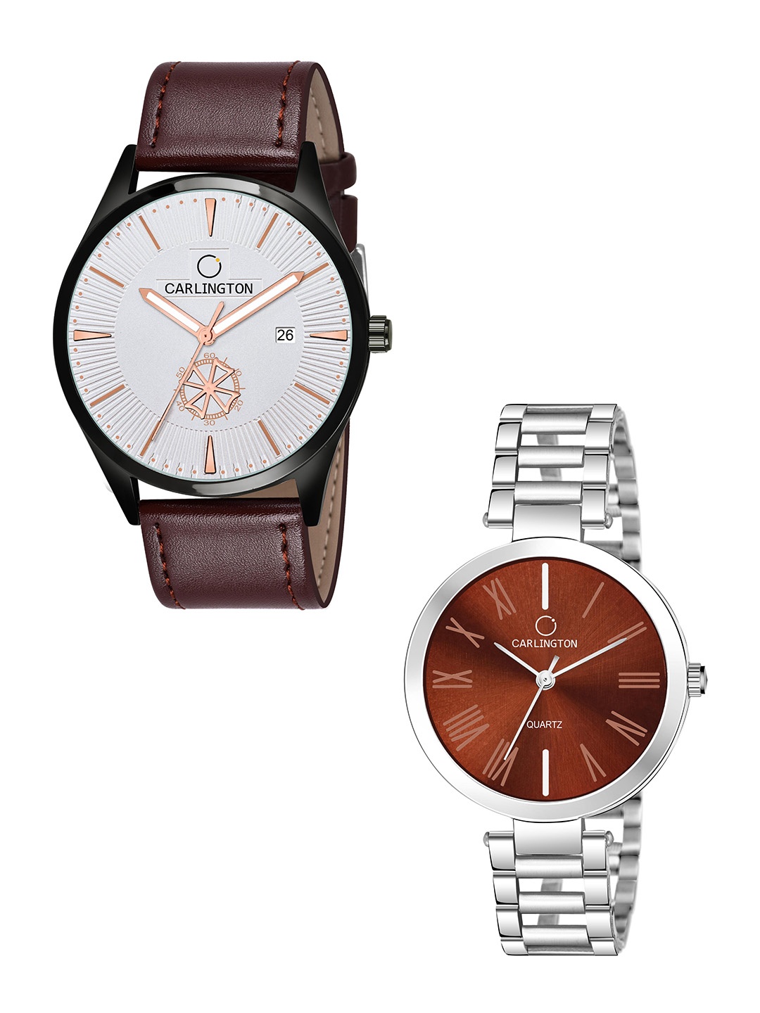 

CARLINGTON White Dial & Brown Leather Straps Analogue Couple Watches - CT1020
