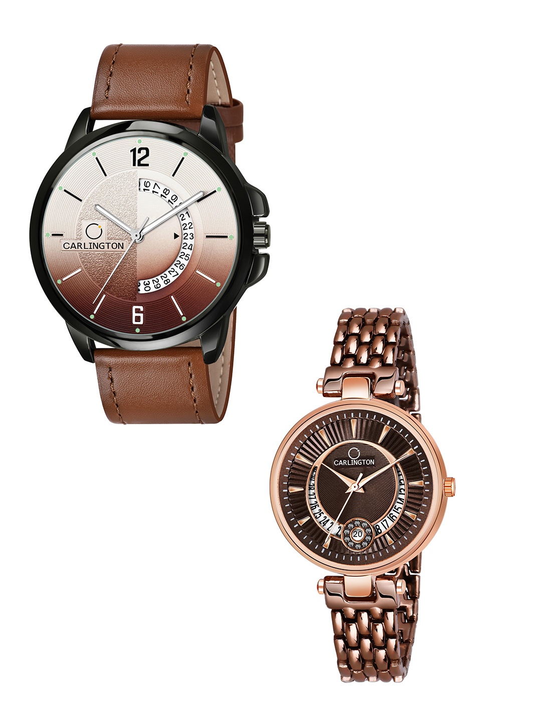 

CARLINGTON Brown Dial & Brown Leather Straps Analogue Couple Watches - CT1030