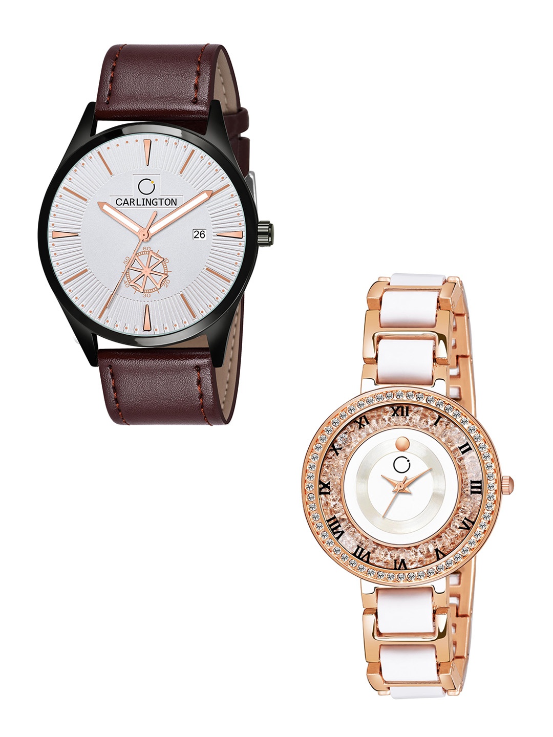 

CARLINGTON White Dial & Brown Leather Straps Analogue Couple Watches - CT1020