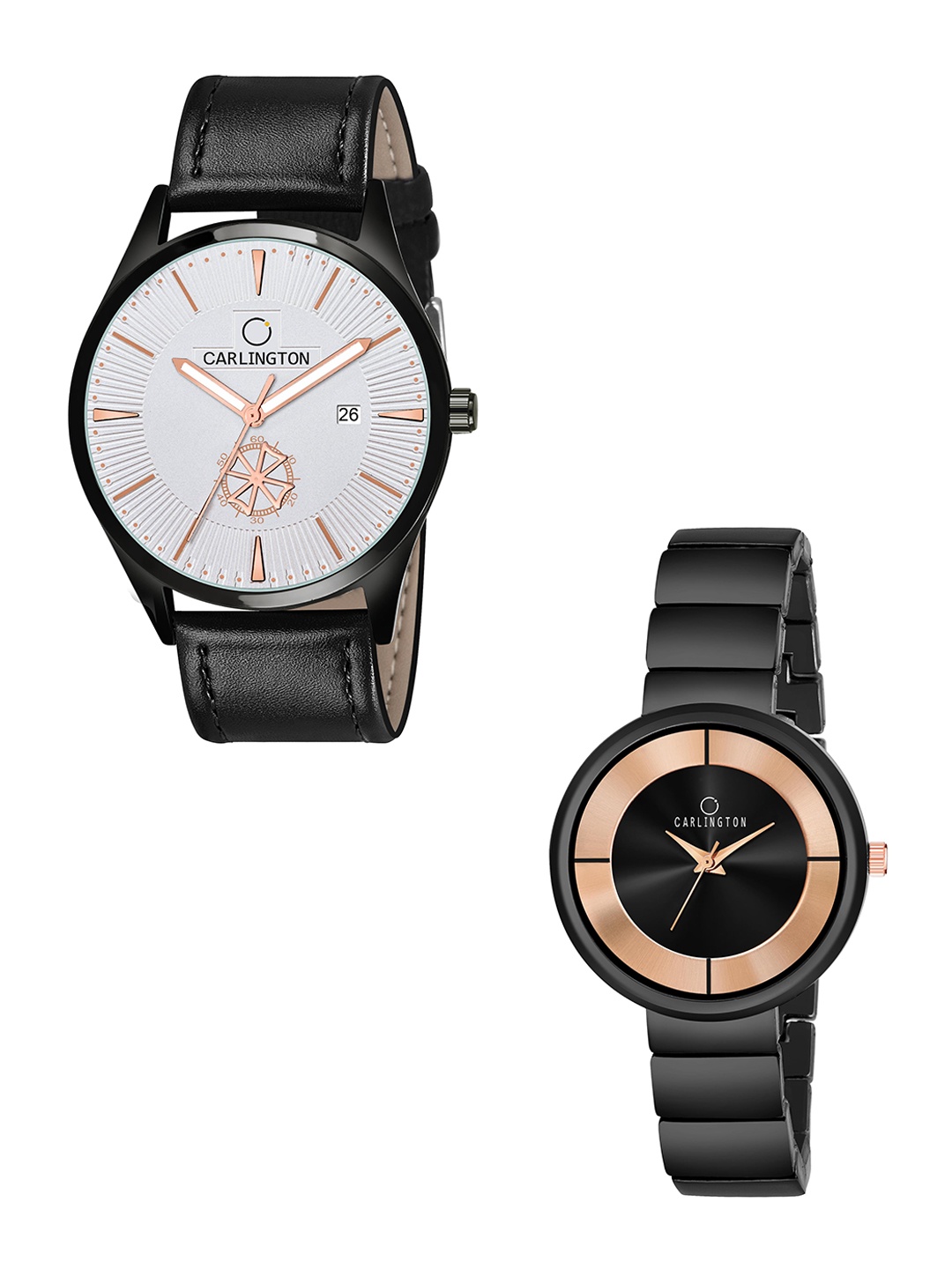 

CARLINGTON White Dial & Black Leather Straps Analogue Couple Watches - CT1020