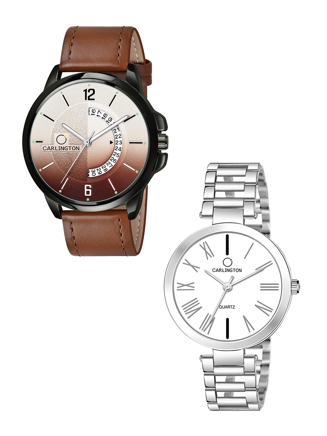 

CARLINGTON Brown Dial & Brown Leather Straps Analogue Couple Watches - CT1030