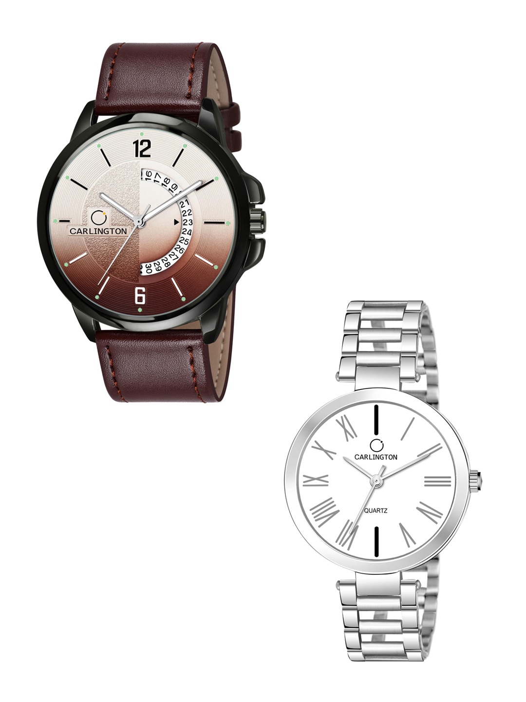 

CARLINGTON Brown Dial & Brown Leather Straps Analogue Couple Watches - CT1030