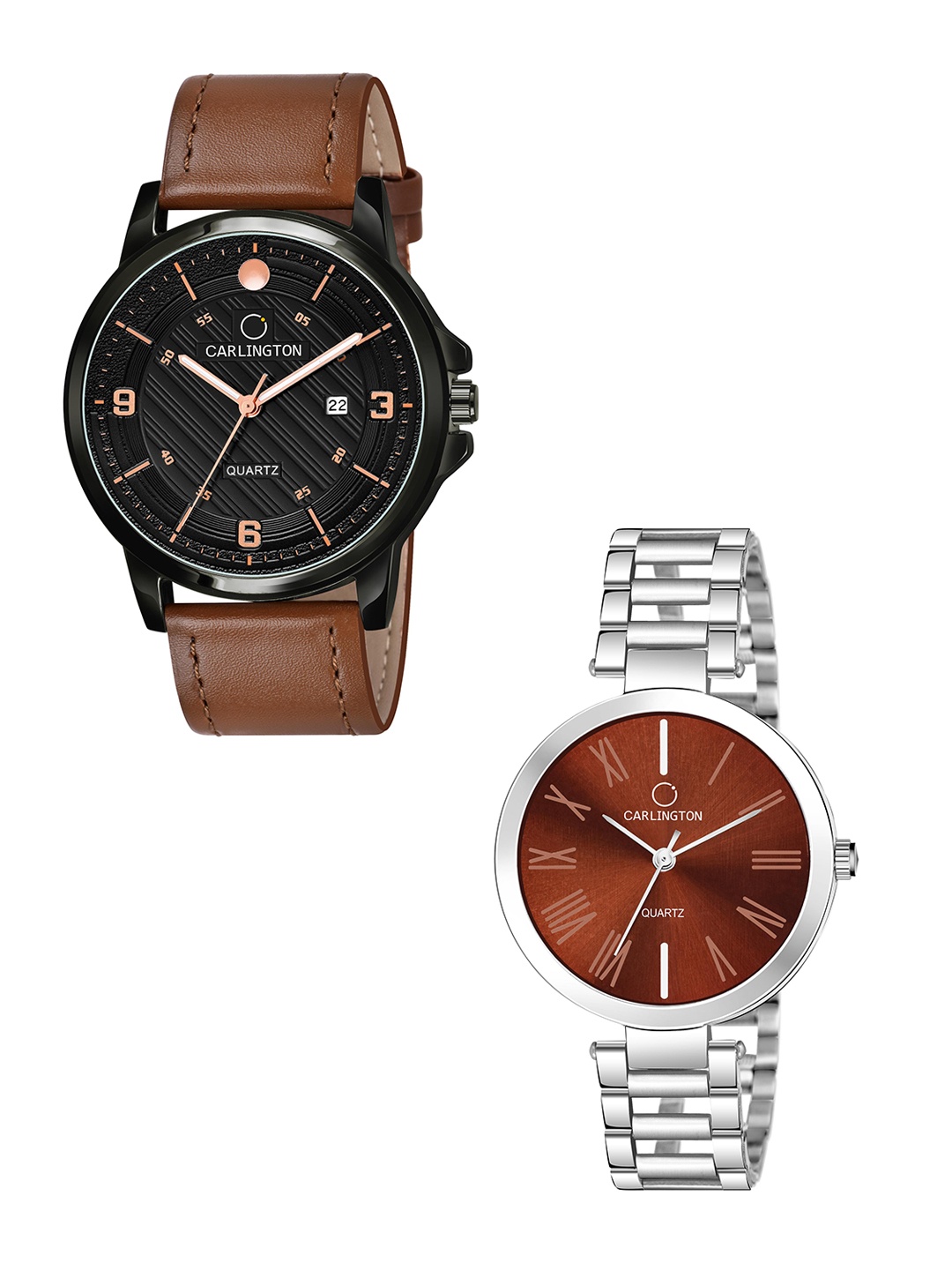 

CARLINGTON Black Dial & Brown Leather Straps Analogue Couple Watches - CT1050