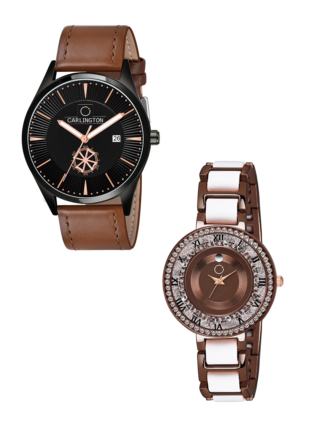 

CARLINGTON Black Dial & Brown Leather Straps Analogue Couple Watches - CT1020