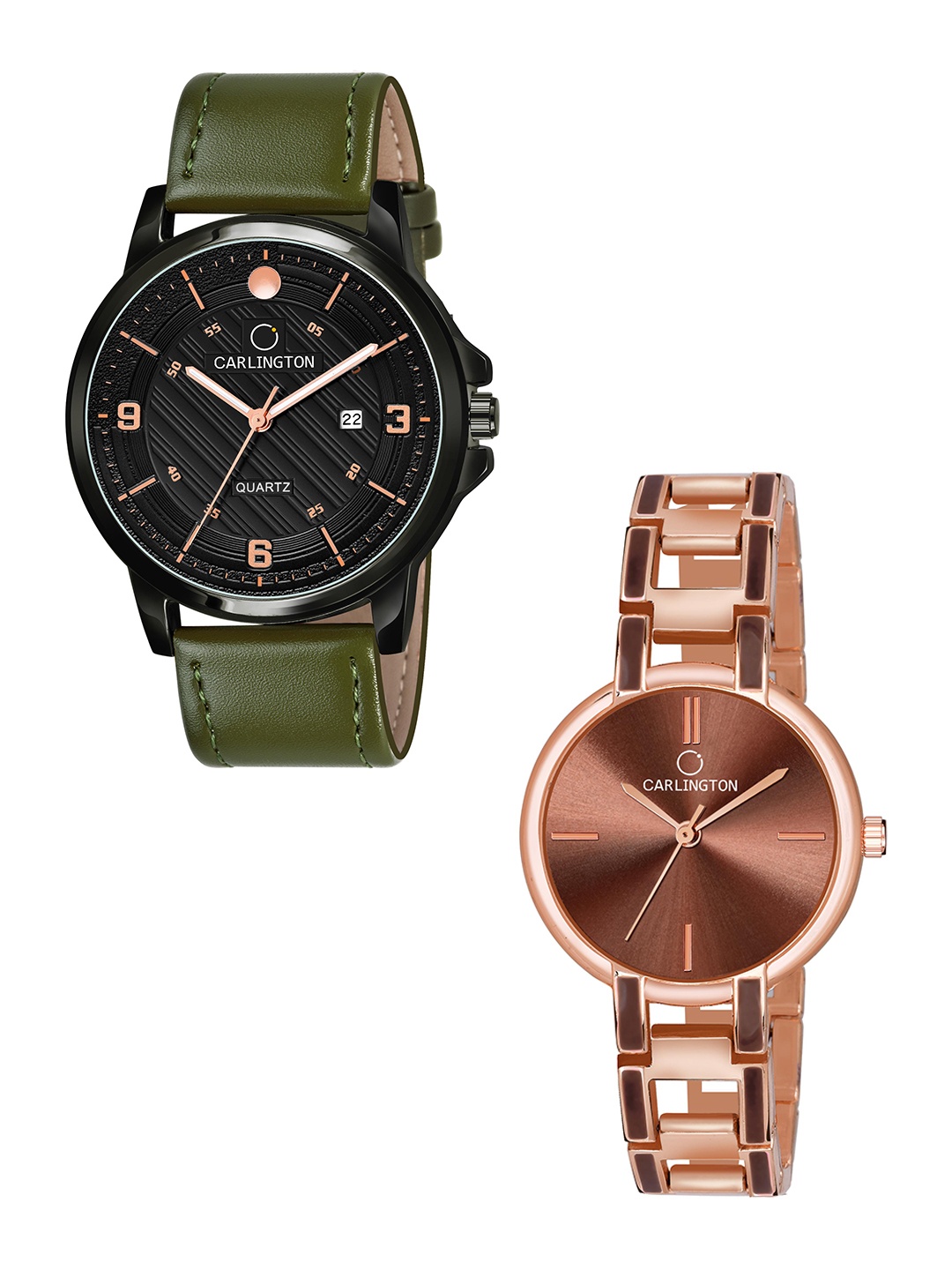 

CARLINGTON Black Dial & Green Leather Straps Analogue Couple Watches - CT1050